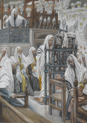 James Tissot (1836-1902), Jesus Unrolls the Book in the Synagogue