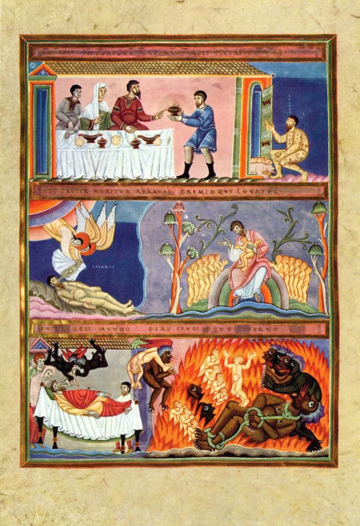 Meister des Codex Aureus Epternacensis, Lazarus and Dives. Illumination from the Codex Aureus of Echternach