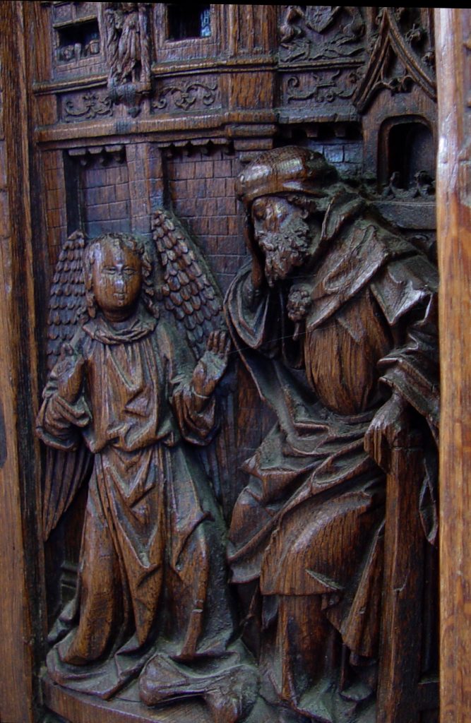 Angel Appears to Joseph (Oak woodcarving in the choirstall area of the Cathedral of Amiens, 1508-1519)
