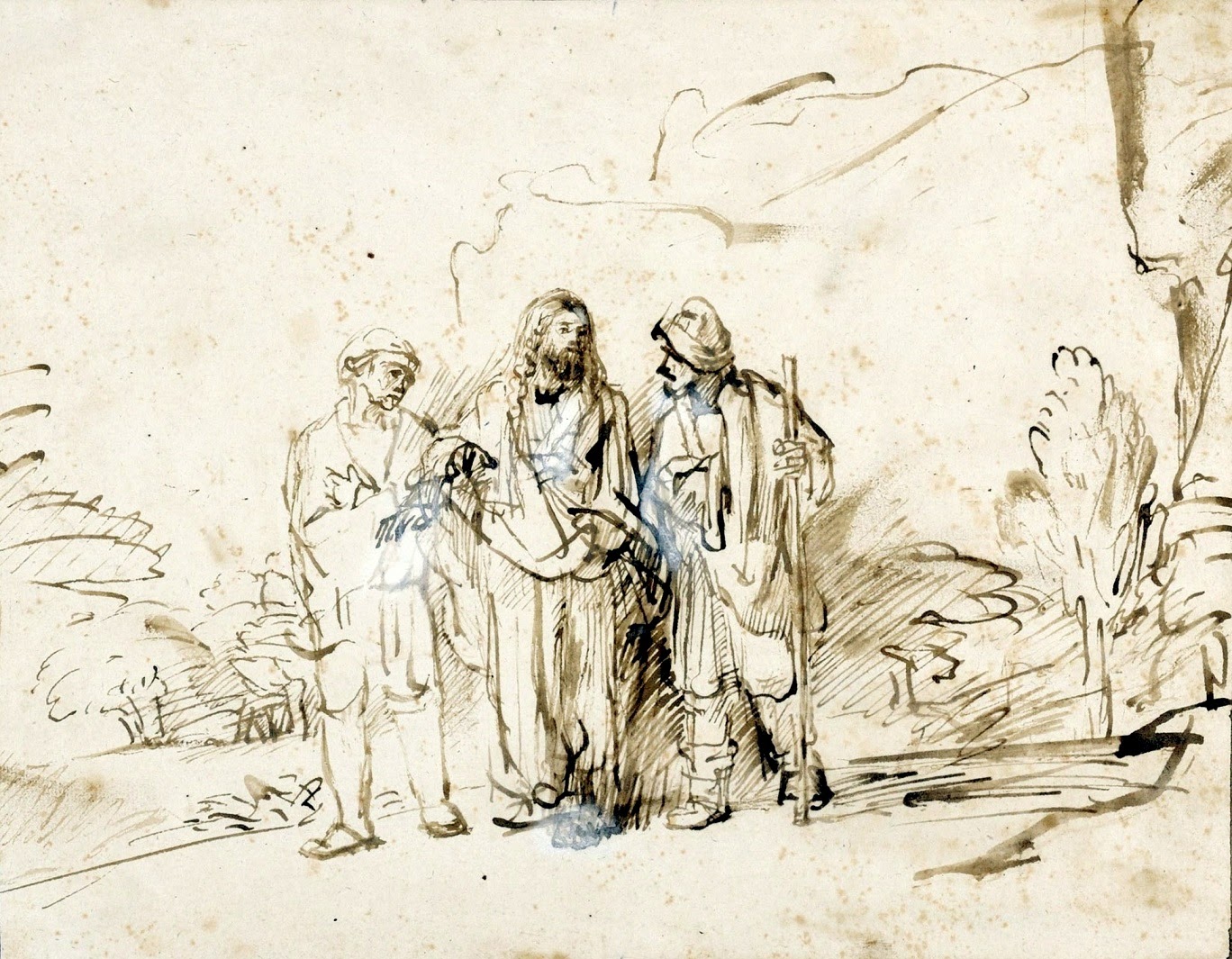Workshop of Rembrandt (1606–1669), Christ with two disciples - Rembrandt