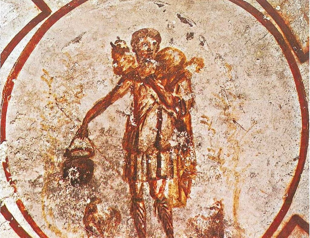 Buon pastore che porta un secchio di latte, inizio III secolo, catacomba di S. Callisto, Roma