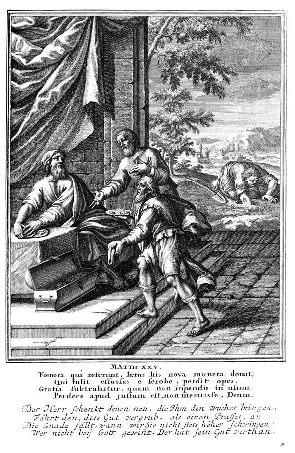 Parable of talents (A Woodcut from Historiae celebriores Veteris Testamenti Iconibus representatae, Unknown Artist - 1712)