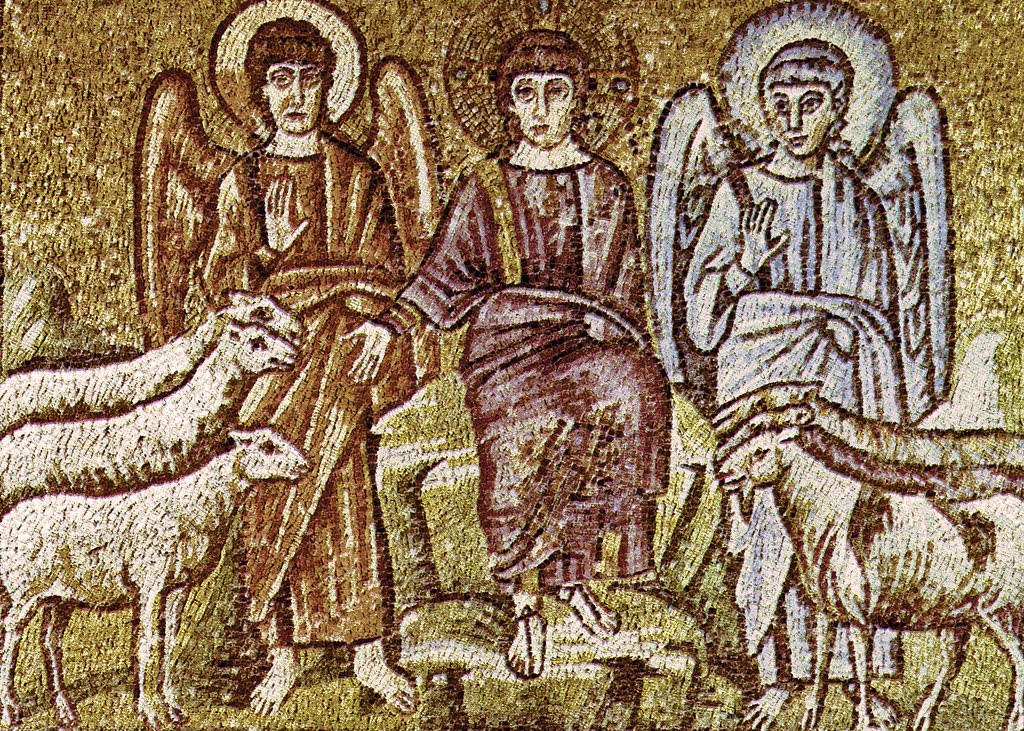 Christ divides the sheep from the kids / Cristo divide le pecore dai capretti (Unknown, 6th century mosiac in Basilica of Saint Apollinare Nuovo, Italy)