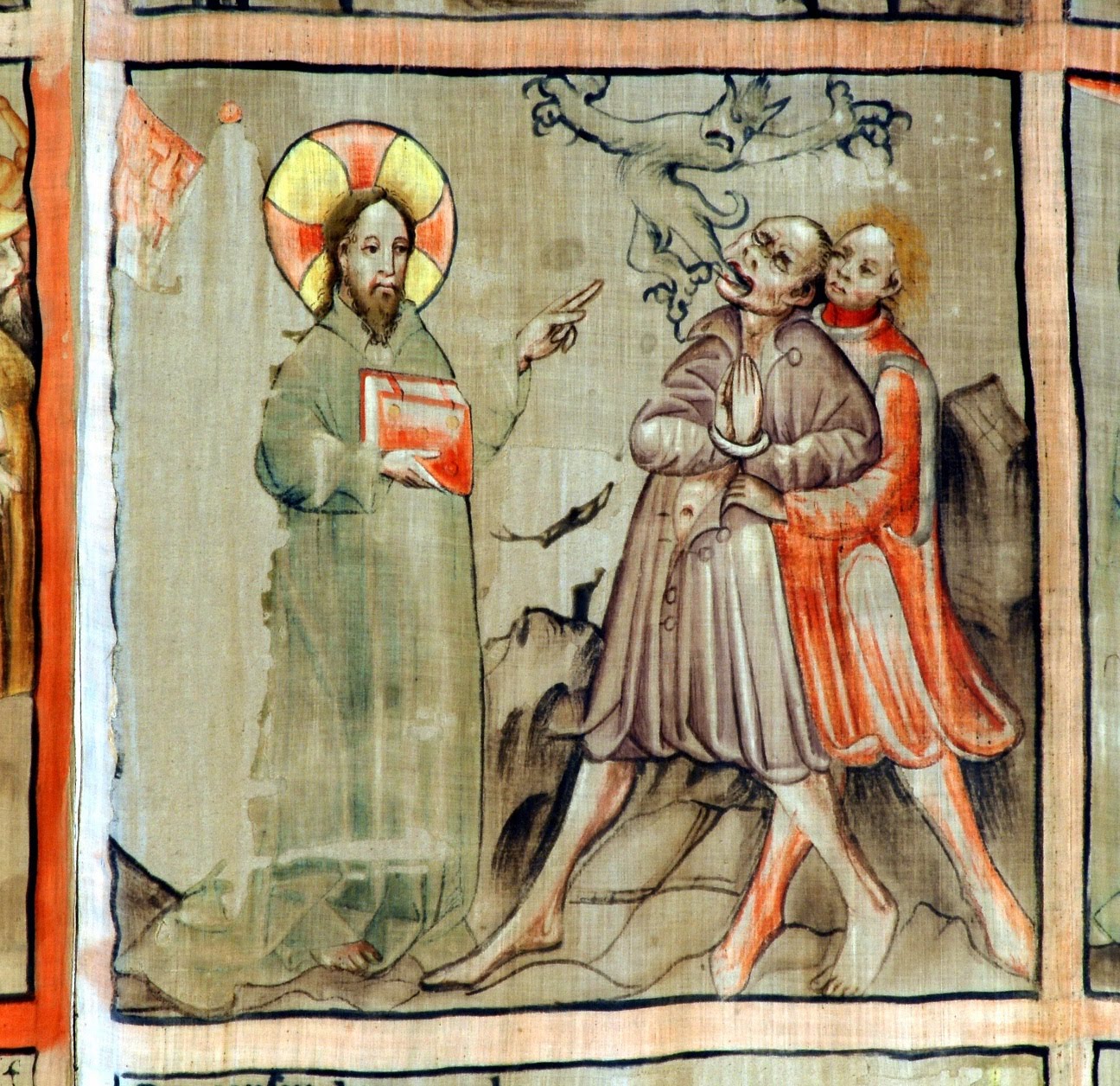 Meister Konrad von Friesach (year 1458 A.D.), Jesus Casts Out the Unclean Spirit - Friesach (Section of painting scenes on the abstinence cloth in the Cathedral of Gurk, Carinthia, Austria)